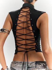 LYSMO T-shirt décontracté et polyvalent pour femmes, couleur unie, col montant, décoration de clous, design ajouré sur la poitrine, pour sorties quotidiennes - Noir - Voir 8