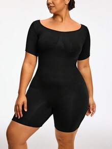 SHAPORA Plus Size Seamless Mid Thigh Unitard Romper Body Shaper Bust&Butt Lifter-Tummy Waist Arm Control - Black - View 7