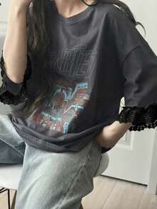 FRIFUL 女士休闲宽松字母印花蕾丝拼接短袖T恤，透气棉混纺面料，适合春夏穿着，百搭图案T恤 - 灰色 - 查看 6