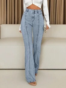 SHEIN 大尺碼高腰休閒風淺藍色彈性布料鈕扣前縫線修身喇叭牛仔褲，適合夏季晚餐穿著 - 中等水洗藍 - 查看 3