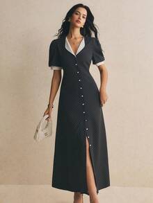 Poéselle Women's Summer Elegant Polka Dot Print Front Button Dress Party Black And White Polka Dot - Black - View 4