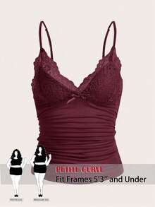 SHEIN PETITE CURVE Plus Size Women Curve Elegant Sexy Lace Patchwork Burgundy Camisole Top Summer Date Night Wedding - Red - View 7