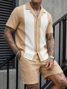 Manfinity CasualCool 男士休閒拼接撞色短袖襯衫與短褲套裝,夏季百搭時尚風格,適合居家或外出日常休閒穿著 - 彩色 - 查看 7