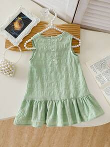 SHEIN Playful Pals 女嬰荷葉邊飾無袖背心上衣素色洋裝，簡約休閒夏季舒適百搭公主裙，適合外出或疊穿 - 綠色 - 查看 2