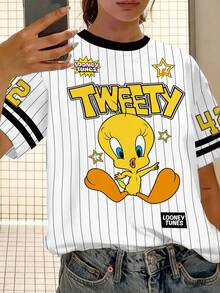 LOONEY TUNES X SHEIN 崔弟条纹数字字母图案休闲可爱图案短袖 T 恤女款，舒适夏季 - 白色 - 查看 7