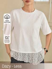 Dazy-Less Women's Lace Patchwork Solid Color Casual Round Neck Short Sleeve T-Shirt, Spring/Summer - White - View 1