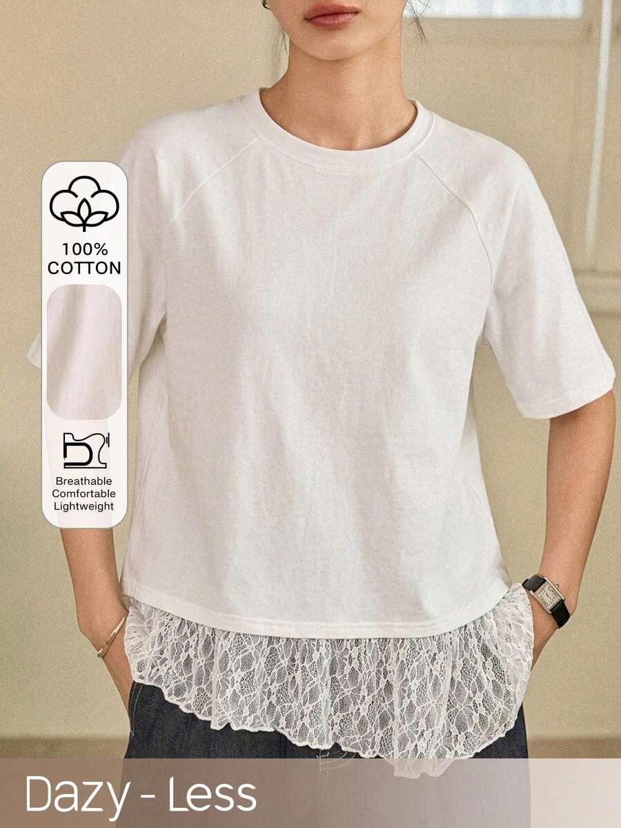 Dazy-Less Women's Lace Patchwork Solid Color Casual Round Neck Short Sleeve T-Shirt, Spring/Summer - White - View 1
