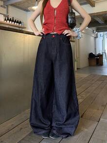 DAZY Women's Loose Wide Leg Denim Jeans With Pockets, Dark Red Summer Street Style Y2k, Back-To-School School - Blue - View 2