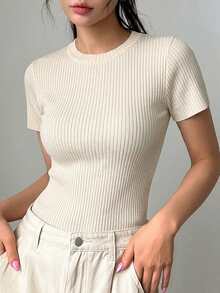 DAZY Camiseta de punto acanalado de unicolor con cuello redondo y manga corta, ajuste ceñido, para mujer, ideal para ir al trabajo, vacaciones y uso en verano - Blanco - Ver 5