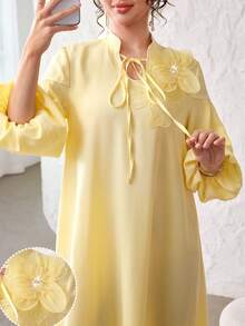 Yasmyna Yellow Sweet Lantern Sleeve Tie-Waist Loose Flowy Elegant Holiday Dress For Women - Yellow - View 5