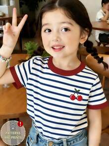Souflis Souflis Young Girls Casual Comfortable Fashion Striped Collar And Cuff Contrast Print Cherry Pattern Short Sleeve Round Neck T-Shirt Summer Suitable For Tops - Multicolor - View 3