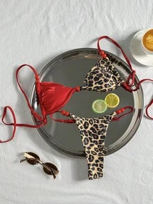 Swim Mod Conjunto de bikini de mujer con tirantes finos, estampado de leopardo con patrón aleatorio y cuentas, primavera/verano - Multicolor - Ver 2