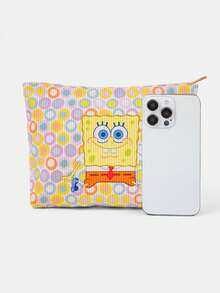 SpongeBob SquarePants | SHEIN 1個卡通印花燈芯絨拉鍊化妝包，輕便多功能內襯化妝收納袋 - 波點 - 查看 4