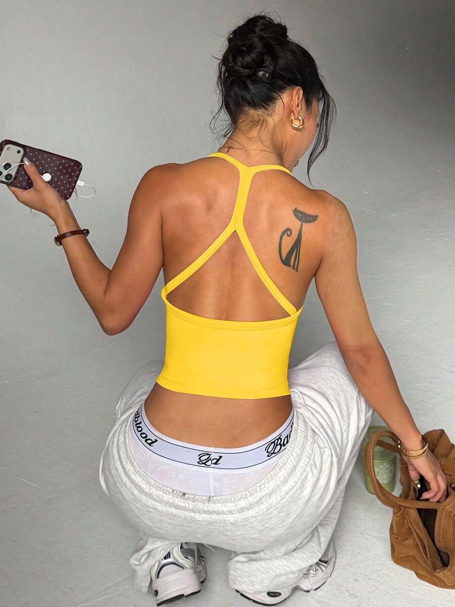 Dewbera Dewbera 女款無縫瑜珈運動內衣，無鋼圈健身上衣，交叉設計運動背心，跑步內衣 - 芥末黃 - 查看 1