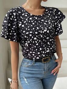 SHEIN Holidaya 女款圓領全身印花休閒百搭日常旅行襯衫 - 黑色 - 查看 7