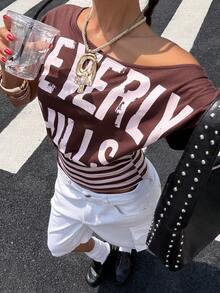 Muchica Women's Summer Casual Street Wear Y2k Brown And Pink Patchwork Letter Print Asymmetric Neck T-Shirt Tops World Cup Going Out Night Out City Break - Coffee Brown - View 3