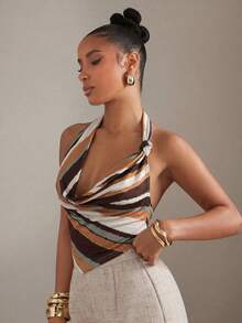 Hauture Women's Summer Sexy Striped Ruffle Neckline Backless Halter Top - Multicolor - View 4
