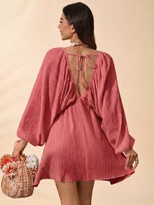 Travachic Solid Color Woven Loose V-Neck Long Sleeve Mini Dress For Women, Suitable For Spring/Summer Vacation - Dusty Purple - View 2