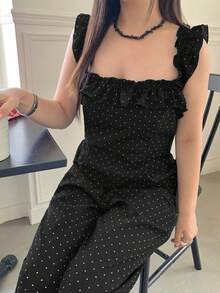 Dazy Plus 時尚波點拼接荷葉邊吊帶休閒寬鬆黑色大尺碼女款春夏無袖連身褲 - 黑色 - 查看 5