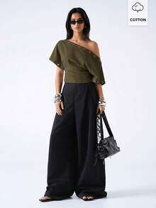 LYSMO Women's Summer Fashion Solid Color Asymmetric Neck Waist-Cinching T-Shirt - Army Green - View 3