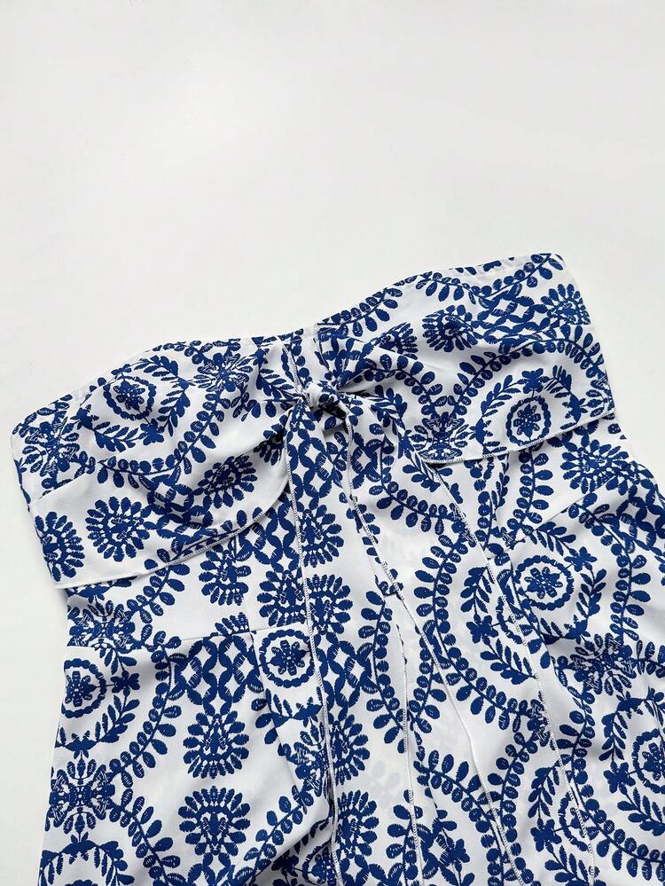 Sunnyshic Plus Size Women's Floral Print Casual Boho Daily Beach Vacation Outing Bandeau Romper Blue And White Summer - Multicolor - View 4