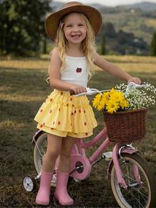 Emery Rose Kids Emery Rose Kids Set Atasan Camisole Bergaris-garis dengan Bordir Stroberi Kecil dan Celana Pendek Berumbai untuk Anak Perempuan - Kuning - View 4
