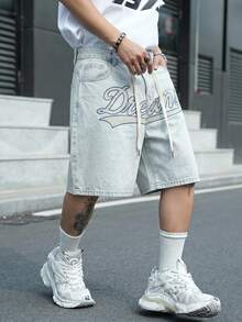 Manfinity EMRG Men's Street Style Casual Embroidered Blue Denim Shorts - Light Wash - View 7
