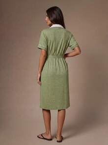 Lazeform Women's Casual Colorblock Lapel Short Sleeve Loungewear Robe With Belt - Green - View 2
