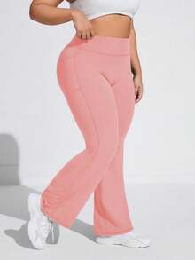 SHEIN Rhythm Era Plus Size Women High Waist Tummy Control Flared Workout Pants With Side Pockets, All Season Yoga Jogger Pants For Commute Running Gym - Pink - View 3