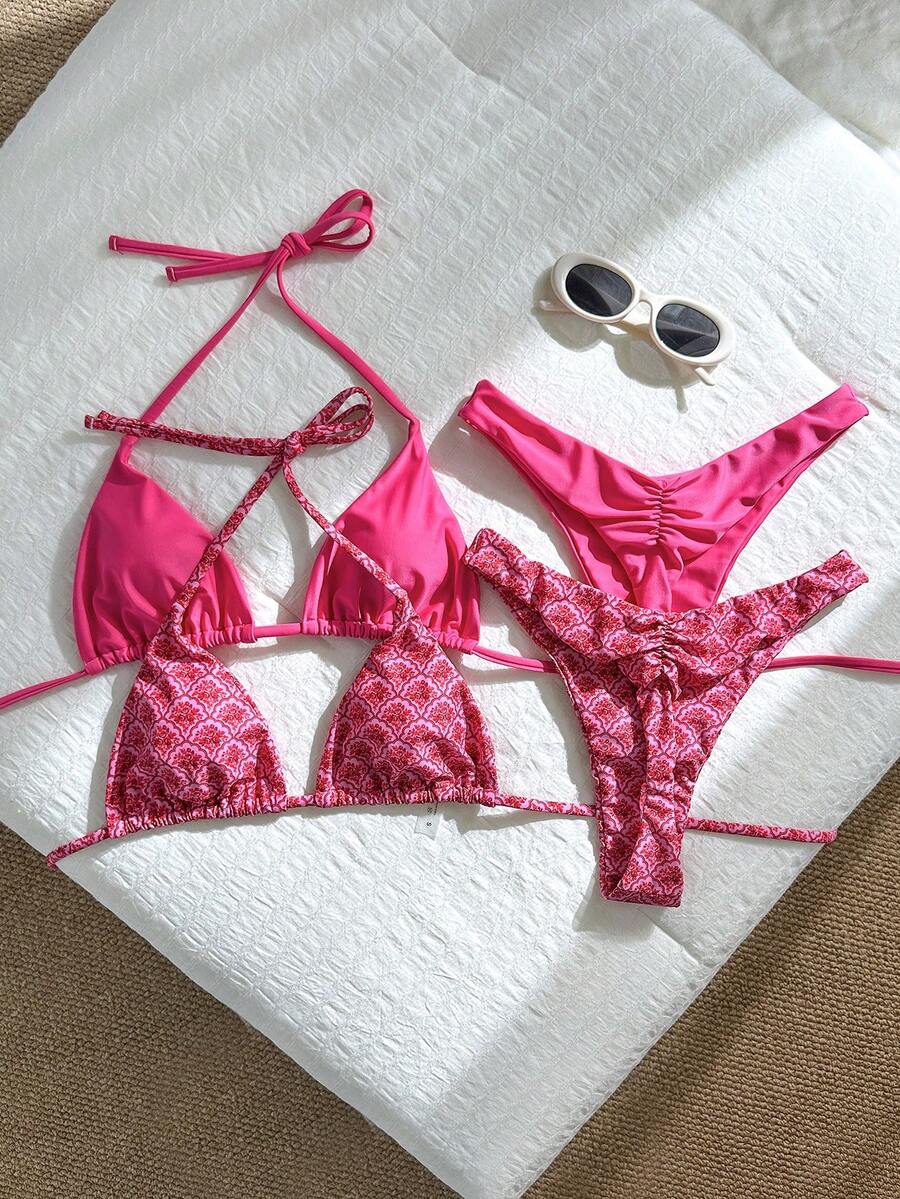 Swim Mod 4pcs Spring/Summer Coconut Tree Print & Solid Color Halter Neck Shoulder Strap Elegant Women's Beach Vacation Swimsuit Set - Multicolor - View 1