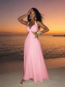 Slaydiva Vacation Beach Solid Color Backless Halter Neck Dress - Pink - View 9