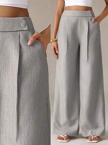 SHEIN Tall Pantaloni da donna in tessuto di bambù rosa con design a fibbia frontale in vita, eleganti, professionali e casual, adatti per insegnanti, essenziali per il Ringraziamento e Ognissanti, versatili, ampi e fluidi, a gamba dritta, per donne alte - Grigio - Visualizzare 9