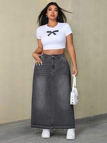 SHEIN ICON 大尺碼女款口袋鈕扣休閒百搭日常出遊牛仔裙 - 淺灰色 - 查看 4