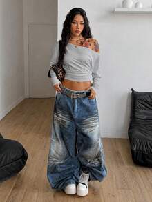 Coolane Women's Autumn Minimalist Y2K Basic Daily Wear Casual Vintage Streetwear Stretchy Light Grey Loose Asymmetrical Neck Long Sleeve Ruched Crop Tees Top - Light Grey - View 3