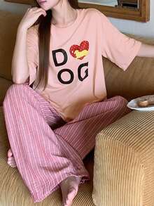 DAZY 2pcs/Set Women's Summer Pajama Set, Loose Short Sleeve T-Shirt With English Graphic Print & Striped Straight Leg Long Pants - Pink - View 3
