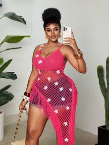 Maweii Plus Size Women's Knitwear, Knitted Top, Halter, Deep V Neckline, Asymmetric Hem, Flowers, Crochet Flowers, Openwork, Tassels, Fitted, Sexy, Women's Daily Commuting Top, Women's Clothing, Summer, Spring, Autumn, Vacation, Casual - Hot Pink - View 4