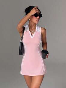 CourtClass 2pcs Spring/Summer Women's Sports Dress, Pink Colorblock Polo Collar Sleeveless Front Colorblock Stripe Split Back Racerback Design, Separate Lining Shorts And Pockets, Suitable For Daily Casual, Running, Yoga, Gym, Tennis, Golf - Pink - View 7