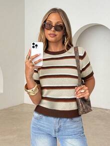 Siren Gaze Women's Round Neck Brown And Cream Patchwork Casual Retro Vintage Preppy Versatile Daily Everyday School Outing Knit Top Back-To-School Autumn - Multicolor - View 8