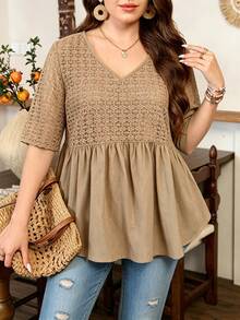 Lacomfia Crochet Mesh Patchwork Khaki Short Sleeve Loose Casual Everyday Plus Size Shirt - Khaki - View 1