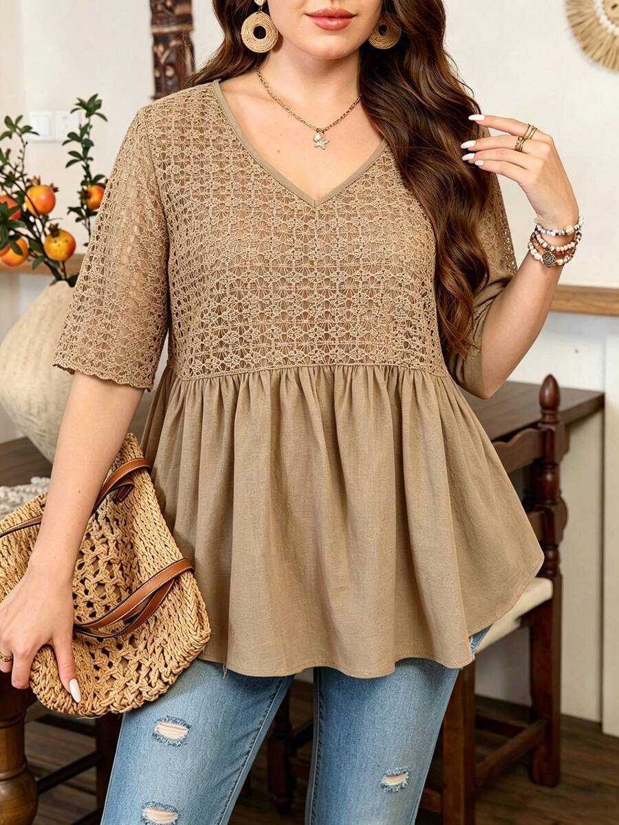 Lacomfia Crochet Mesh Patchwork Khaki Short Sleeve Loose Casual Everyday Plus Size Shirt - Khaki - View 1