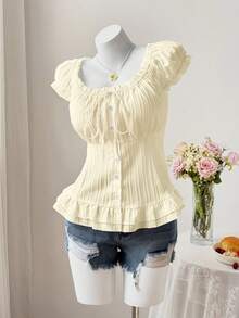 Sweetra Cute Pastoral Casual Puff Sleeve Waist-Cinched Button-Down Short Sleeve Summer Shirt - Apricot - View 4