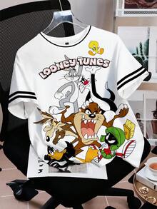 LOONEY TUNES X SHEIN 女士休闲字母动物印花短袖T恤，夏季 - 白色 - 查看 3