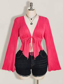 SHEIN ICON Women's Plus Size Textured Black Front Lace-Up Top Fall - Hot Pink - View 4
