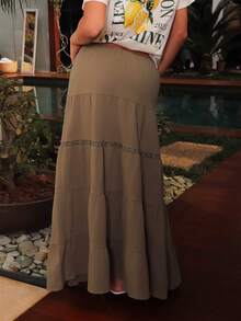 juhmazzocco 2025 Boho Beach Skirts For Women - High-Slit Linen-Blend Tiered Maxi Skirt With Elastic Waist & Lace Trim, Music Festival Essentials & Vacation | Summer A-Line Skirt,Summer For Women,Vacation Woman,Beach For Women Summer Skirt Bohemian Green Christmas Holiday Resort - Army Green - View 5