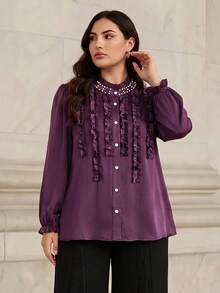 Graceveil Elegant Solid Color Ruffle Collar Long Sleeve Fitted Plus Size Blouse, Suitable For Spring And Autumn Elegant Blouse For Women Vacation - Purple - View 3