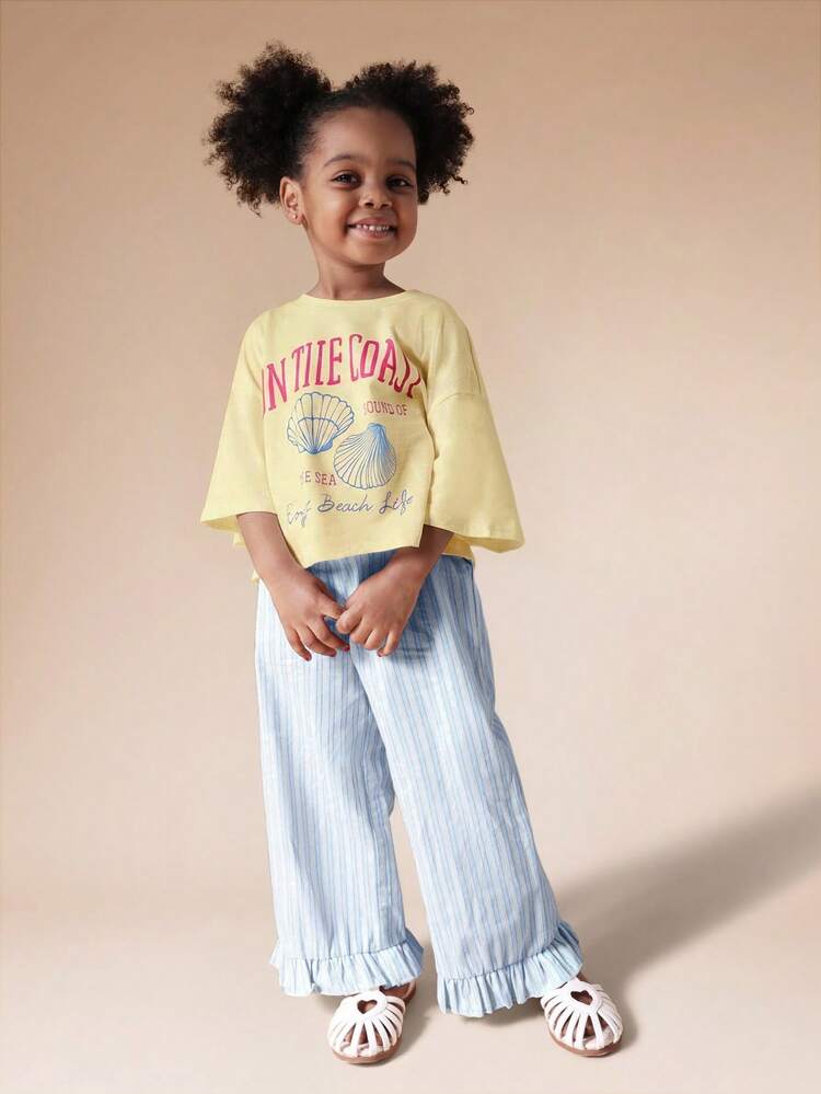 Girls Beach Coast Themed Two Piece Co Ord Set Summer Vacation Shell Print Top Striped Pants Outfit