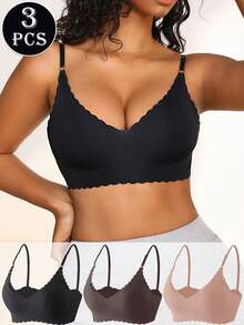 SHEIN Women's Solid Color Seamless Scalloped Edge Bra (3-Piece Set) - Multicolor - View 4