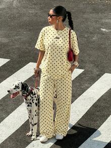 Muchica Women's Casual Black Polka Dot Pattern Loose T-Shirt And Long Pants Set, Suitable For Outings, Street Style, Y2K Style Clothing, Suitable For Spring And Summer, Wide Leg Pants Set - Light Yellow - View 1