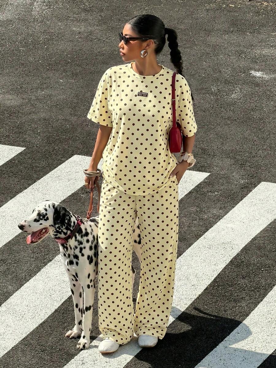 Muchica Women's Casual Black Polka Dot Pattern Loose T-Shirt And Long Pants Set, Suitable For Outings, Street Style, Y2K Style Clothing, Suitable For Spring And Summer, Wide Leg Pants Set - Light Yellow - View 1