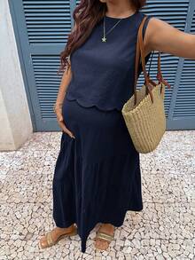 Boho Mama 孕婦度假休閒純色背心上衣與裙子兩件套 - 藏蓝色 - 查看 5